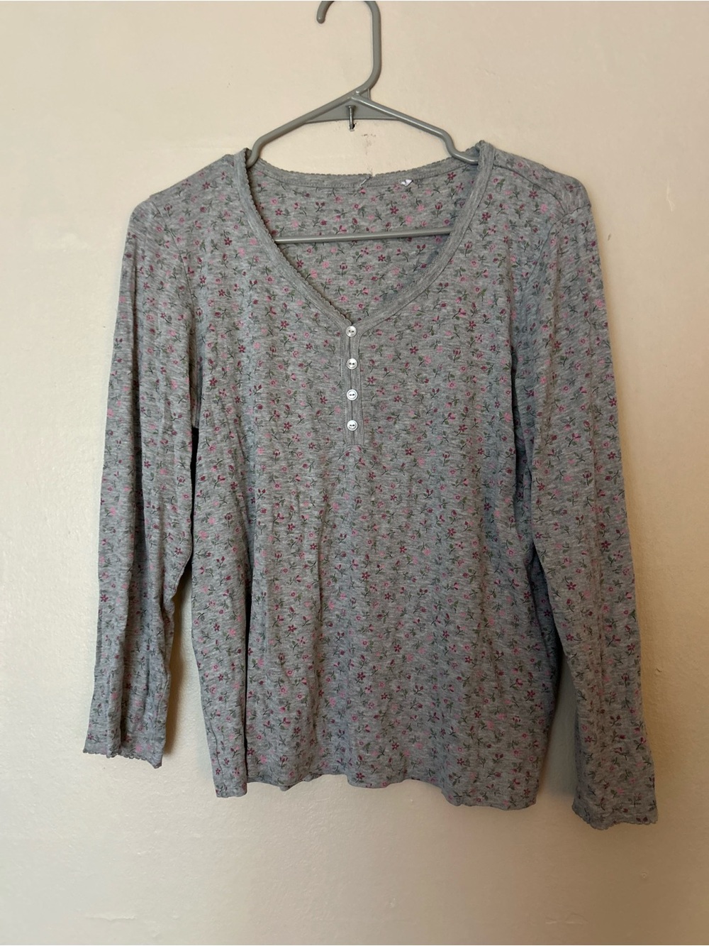 Gray Floral Henley Long Sleeve Top